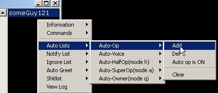Auto Lists Nick List Popup for Auto Op, Auto Voice, Auto HalfOp, Auto-SuperOp, Auto-Owner